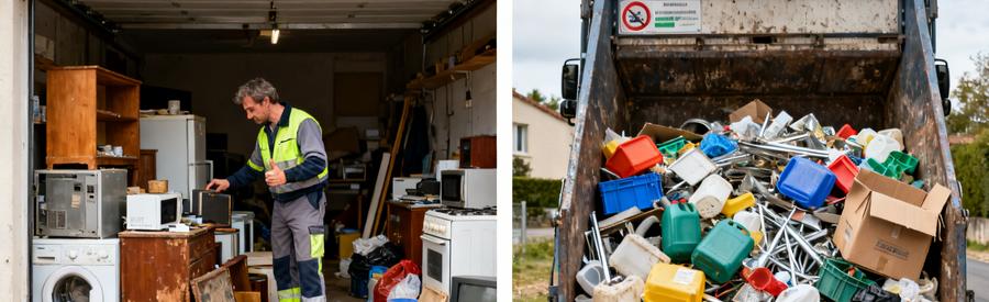 Un professionnel triant des objets dans un garage, et une benne de recyclage avec des matériaux triés pour le recyclage.
