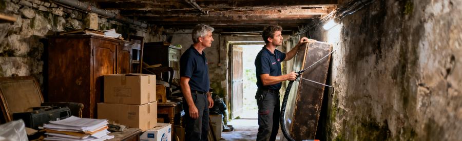 Débarrasseur professionnel dans une cave étroite, évacuant des objets encombrants tout en protégeant les murs.