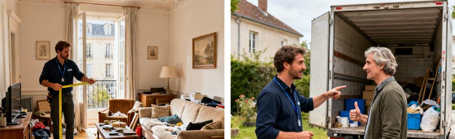 Visite d'évaluation d'un débarras de maison, avec un professionnel et un client en pleine discussion et inspection des objets à retirer.