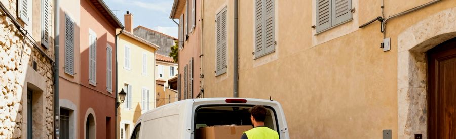 professionnel chargeant un utilitaire dans une ruelle du centre historique