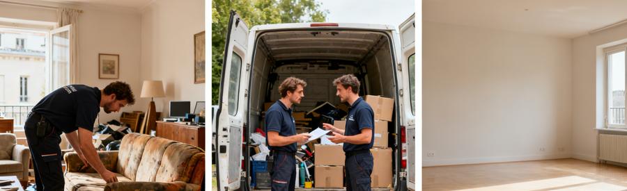 Trois étapes du débarras : évaluation de meubles, chargement de la camionnette, salon vide et propre.