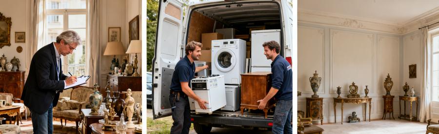 Professionnels inspectent des objets dans un salon, chargeant des meubles dans une camionnette, puis un salon vide et propre.