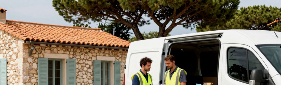 Debarrasseur professionnel avec son camion devant une maison en pierre corse