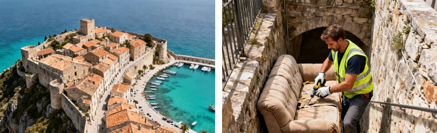 Citadelle de Porto-Vecchio et debarrasseur demontant un meuble dans un escalier etroit