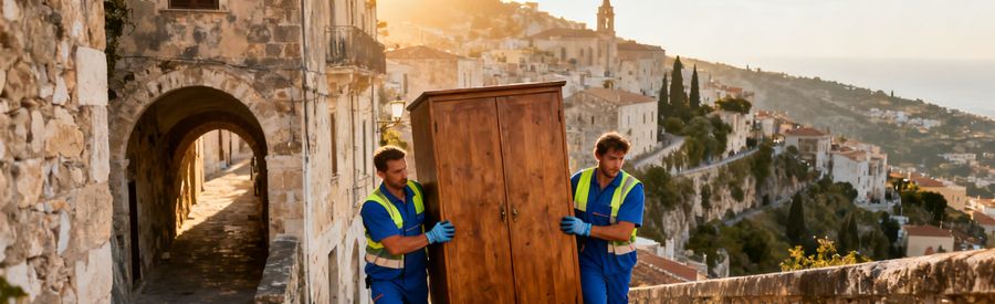 Professionnels du debarras Porto-Vecchio transportant un meuble dans une ruelle de la vieille ville